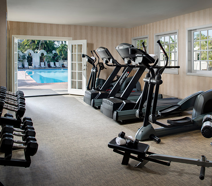 Bahia Resort Fitness Center with views of the pool and garden 