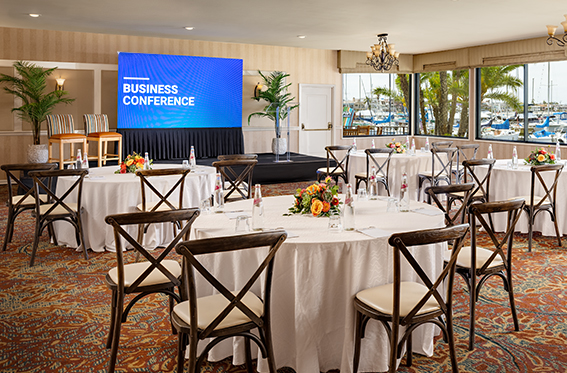 Shell room meeting setup with views of Mission Bay at the Bahia Resort.